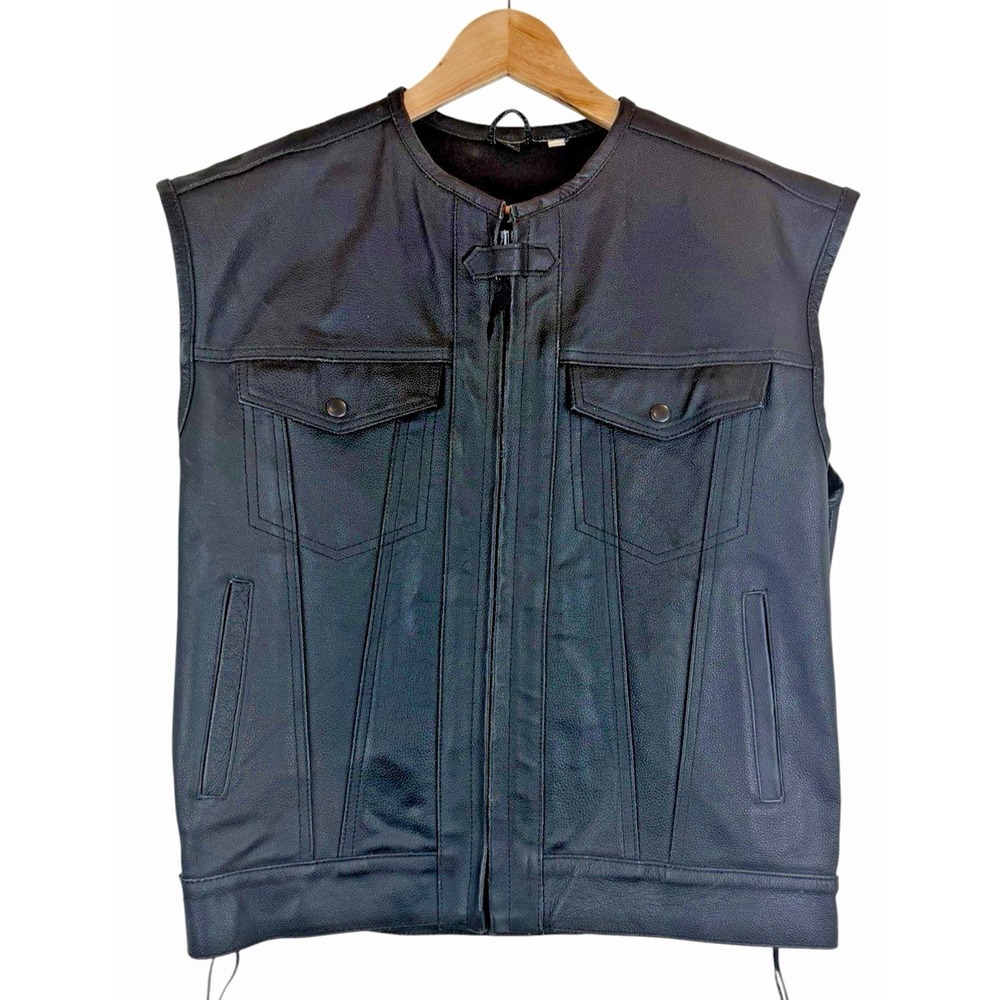 Men's Vintage Black Leather Vest Biker Motorcycle Sleeveless Large Pockets